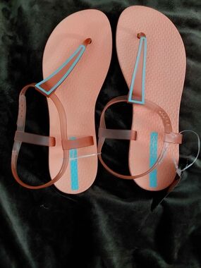 Ipanema Coral Pink and Light Blue T-Strap Sandals